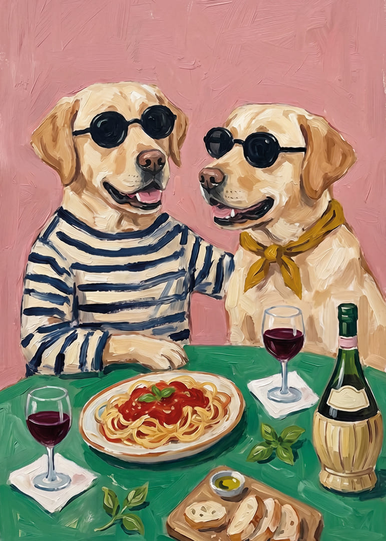 Two handsome dogs enjoying dinner with wine and spaghetti.-12