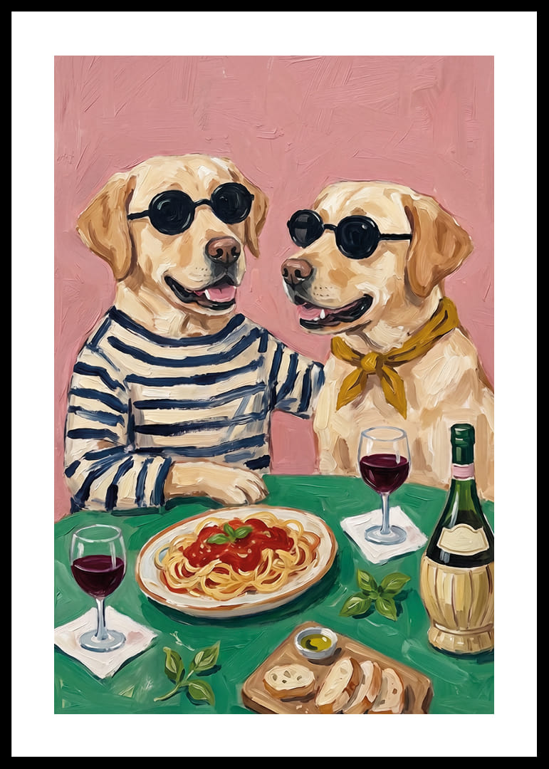 Two handsome dogs enjoying dinner with wine and spaghetti.-12
