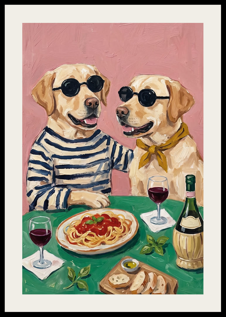 Two handsome dogs enjoying dinner with wine and spaghetti.-12