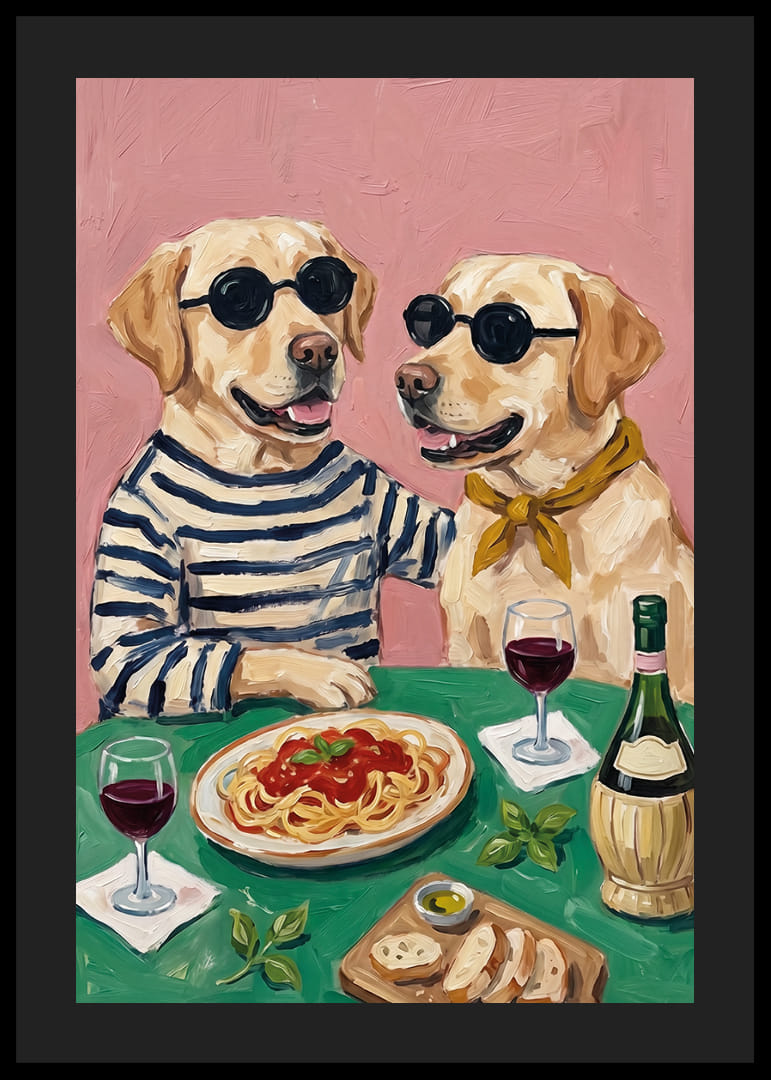 Two handsome dogs enjoying dinner with wine and spaghetti.-12
