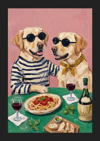 Two handsome dogs enjoying dinner with wine and spaghetti.-5