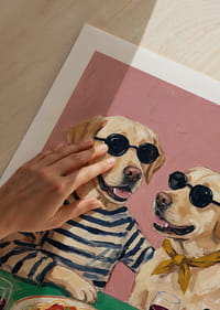 Two handsome dogs enjoying dinner with wine and spaghetti.-9