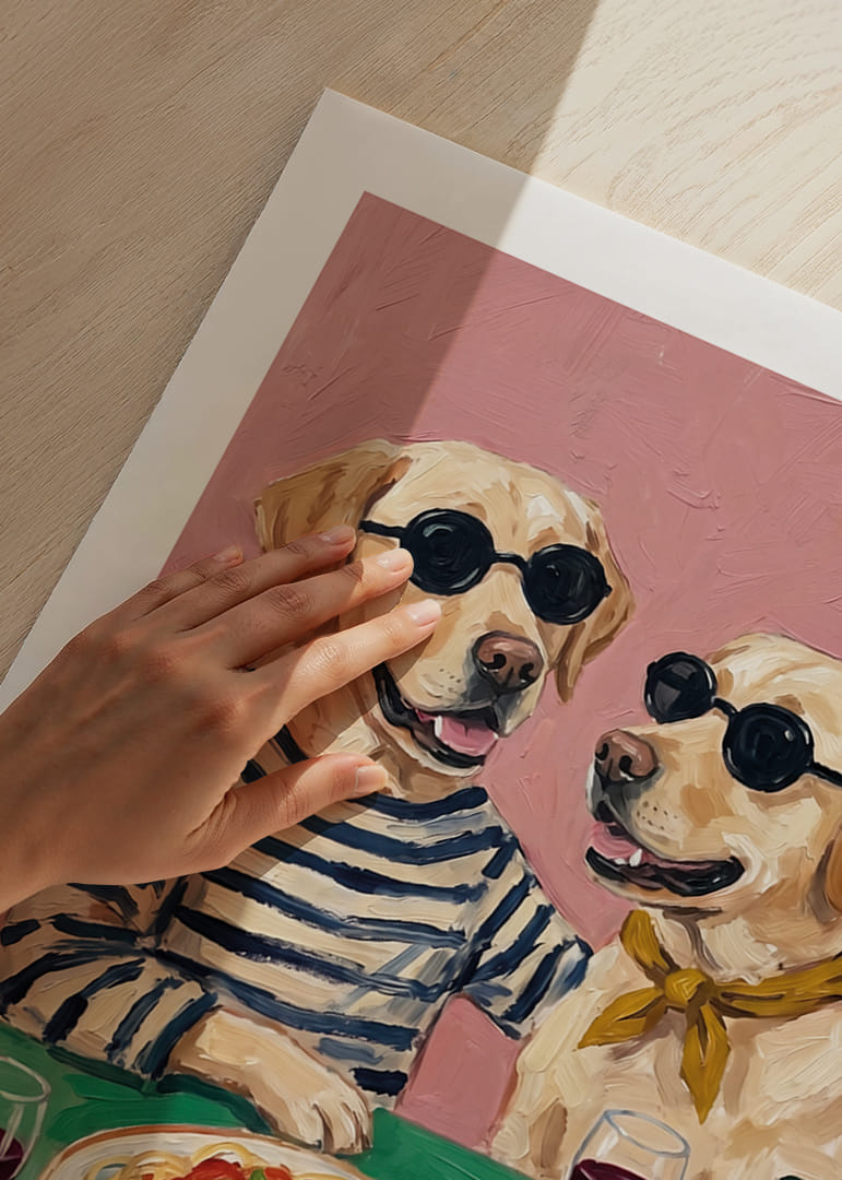 Two handsome dogs enjoying dinner with wine and spaghetti.-12