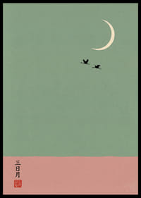 Two cranes fly under the crescent moon in a dreamlike atmosphere.-6