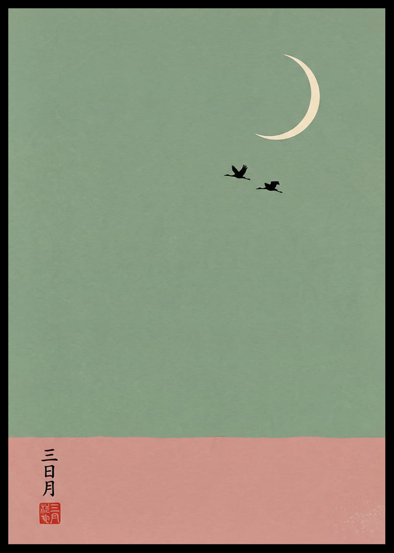 Two cranes fly under the crescent moon in a dreamlike atmosphere.-12