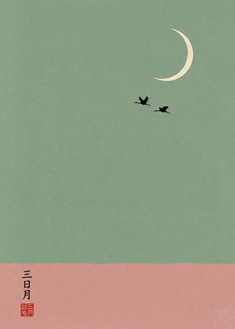Two cranes fly under the crescent moon in a dreamlike atmosphere.-12