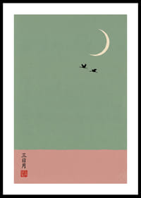 Two cranes fly under the crescent moon in a dreamlike atmosphere.-0