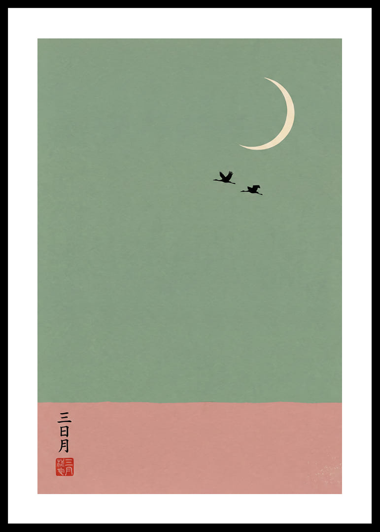 Two cranes fly under the crescent moon in a dreamlike atmosphere.-12