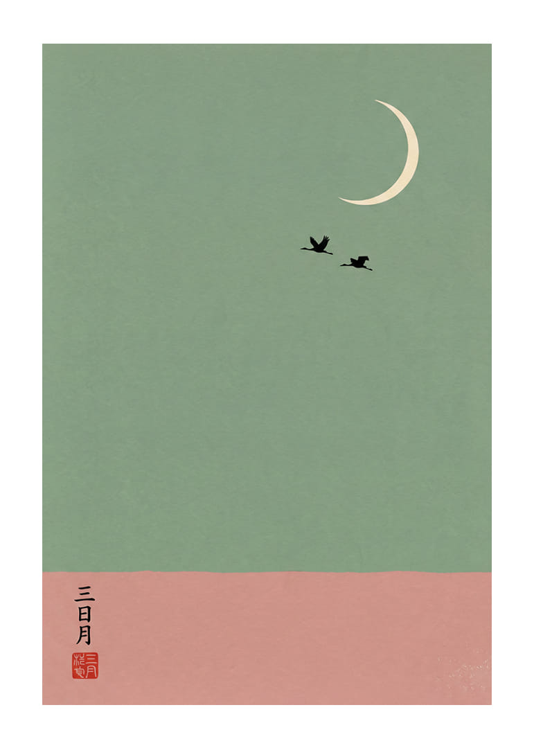 Two cranes fly under the crescent moon in a dreamlike atmosphere.-12