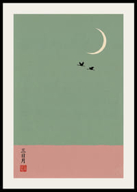 Two cranes fly under the crescent moon in a dreamlike atmosphere.-2