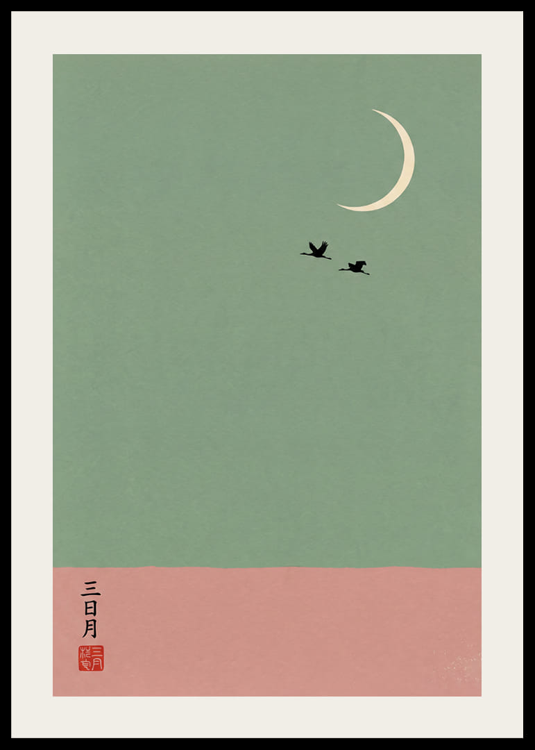 Two cranes fly under the crescent moon in a dreamlike atmosphere.-12