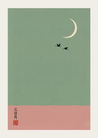 Two cranes fly under the crescent moon in a dreamlike atmosphere.-3