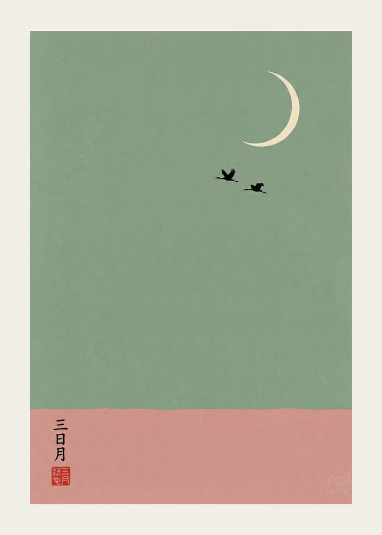 Two cranes fly under the crescent moon in a dreamlike atmosphere.-12