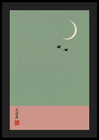 Two cranes fly under the crescent moon in a dreamlike atmosphere.-4