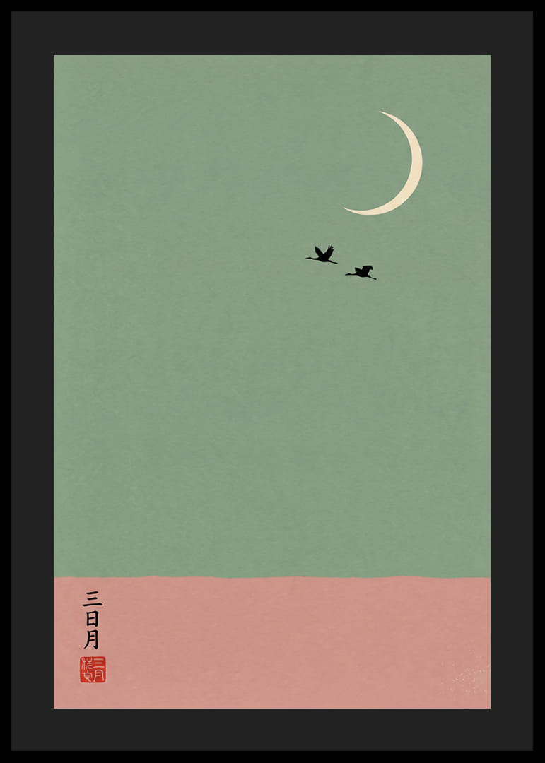 Two cranes fly under the crescent moon in a dreamlike atmosphere.-12