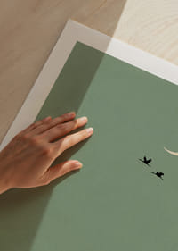 Two cranes fly under the crescent moon in a dreamlike atmosphere.-9