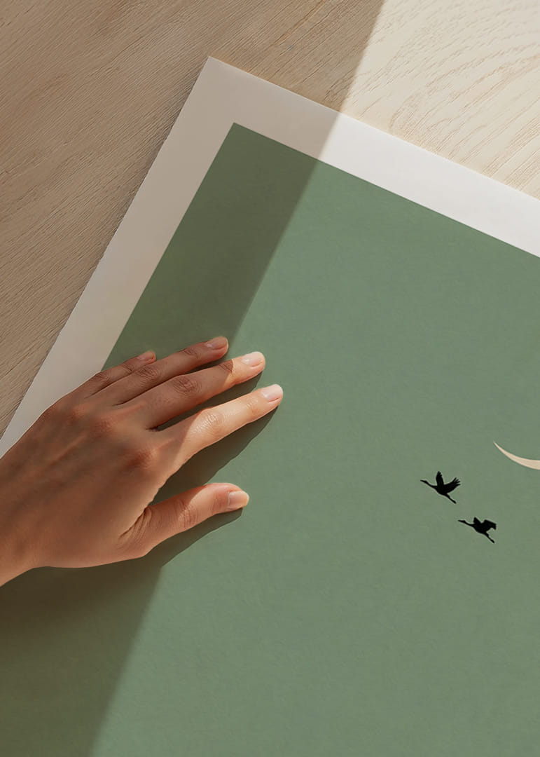 Two cranes fly under the crescent moon in a dreamlike atmosphere.-12