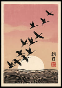 Birds fly towards the sunrise in soft pink tones.-0