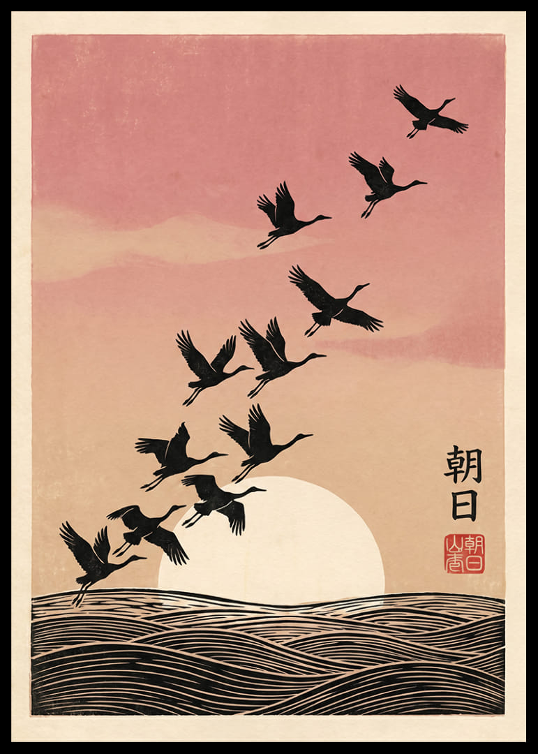 Birds fly towards the sunrise in soft pink tones.-12