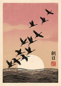 Birds fly towards the sunrise in soft pink tones.-1
