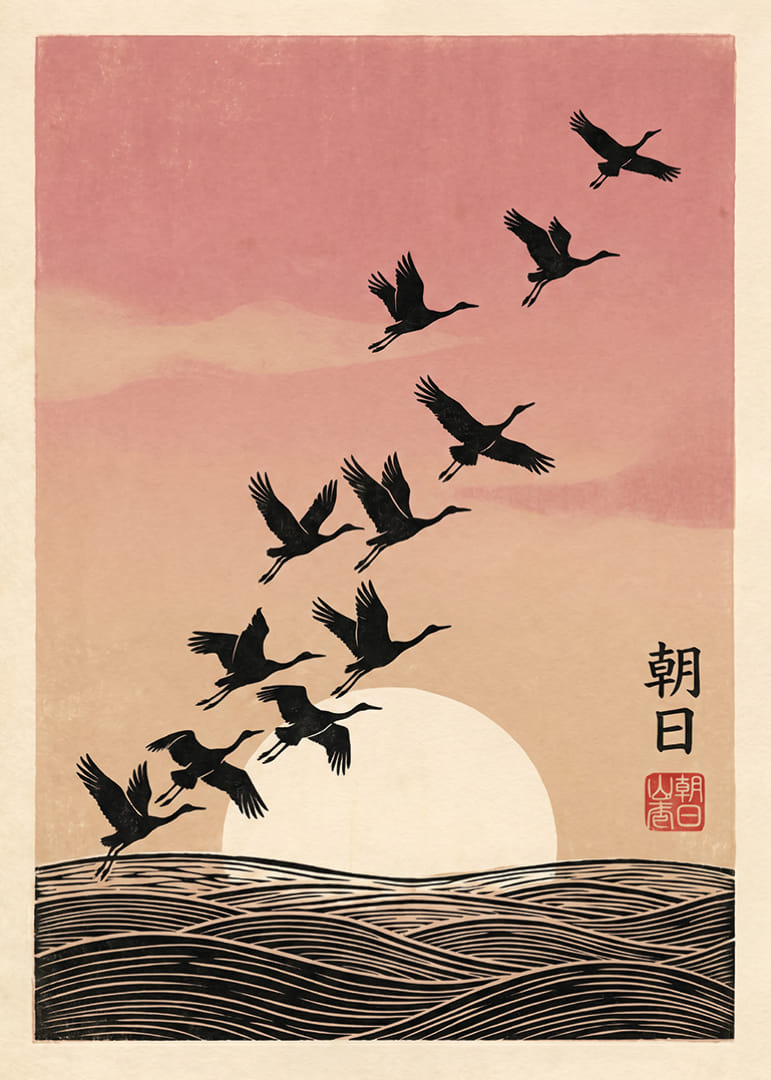 Birds fly towards the sunrise in soft pink tones.-12