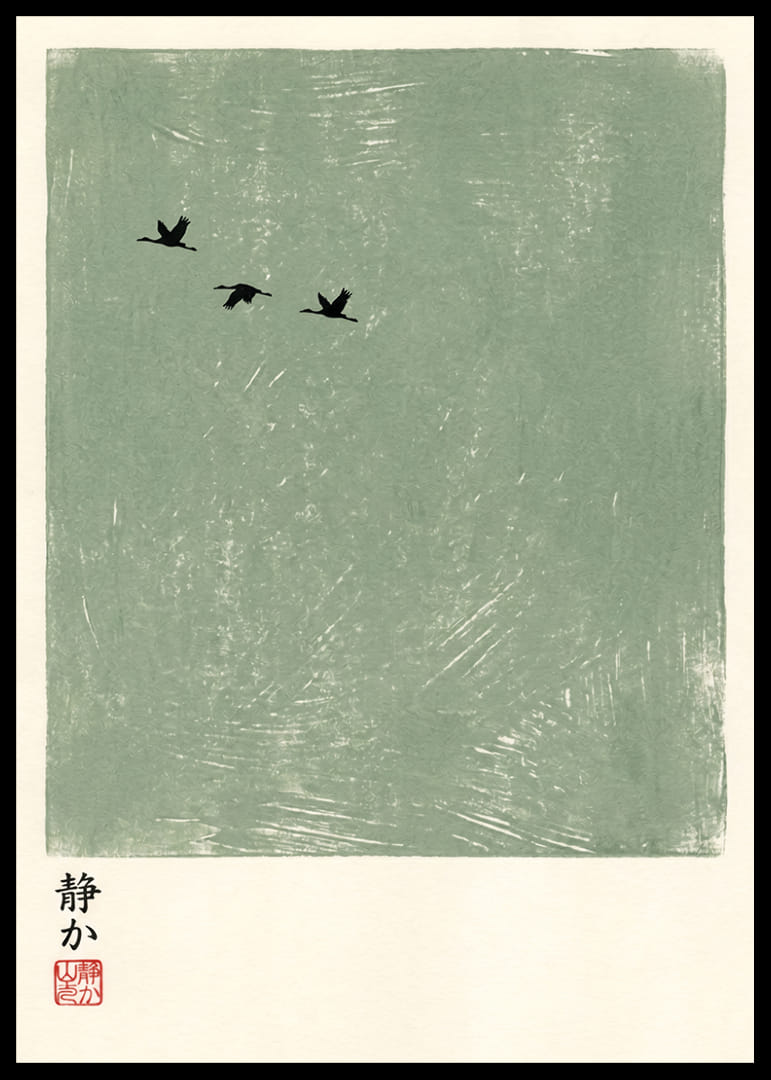 Three birds fly silently across a clean, green sky.-12