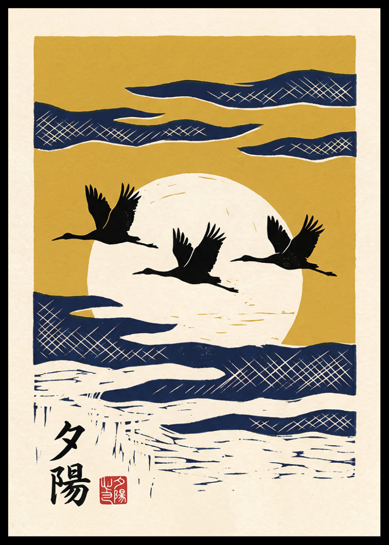 The elegant flight of cranes towards the sunset creates tranquility.-12