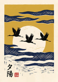 The elegant flight of cranes towards the sunset creates tranquility.-1