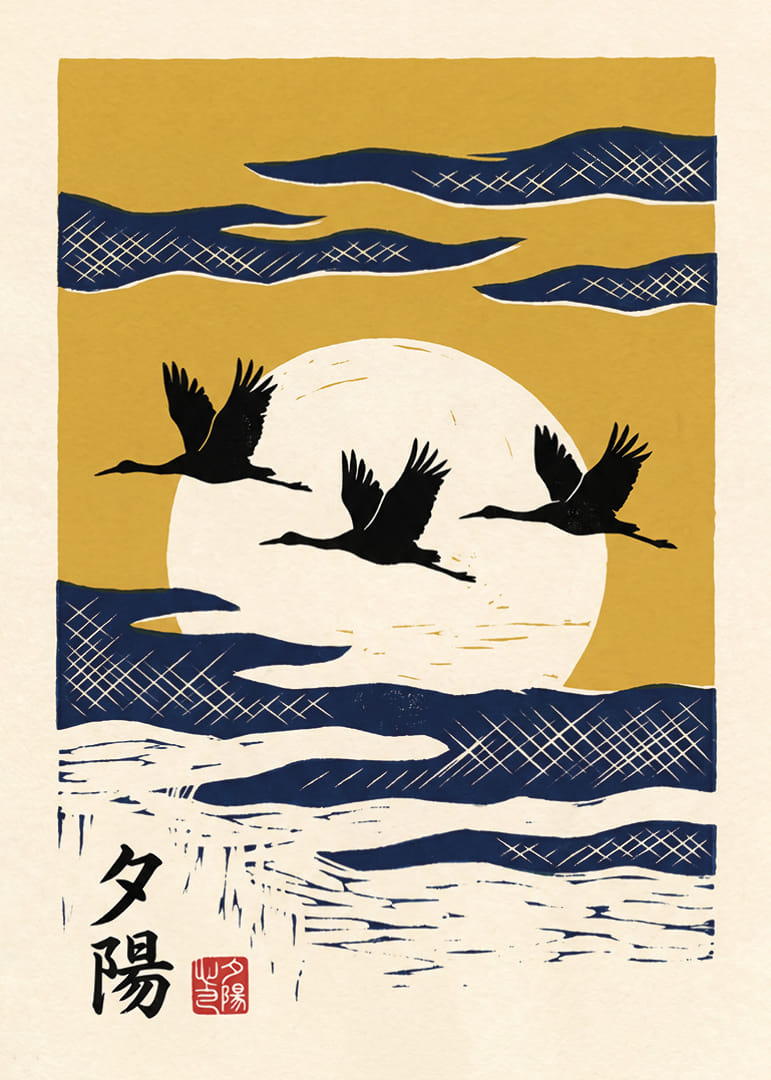 The elegant flight of cranes towards the sunset creates tranquility.-12