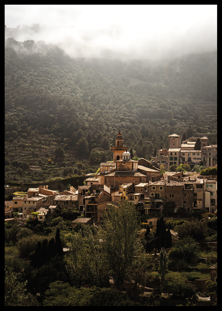A village nestled in the silent embrace of the misty mountains.-12