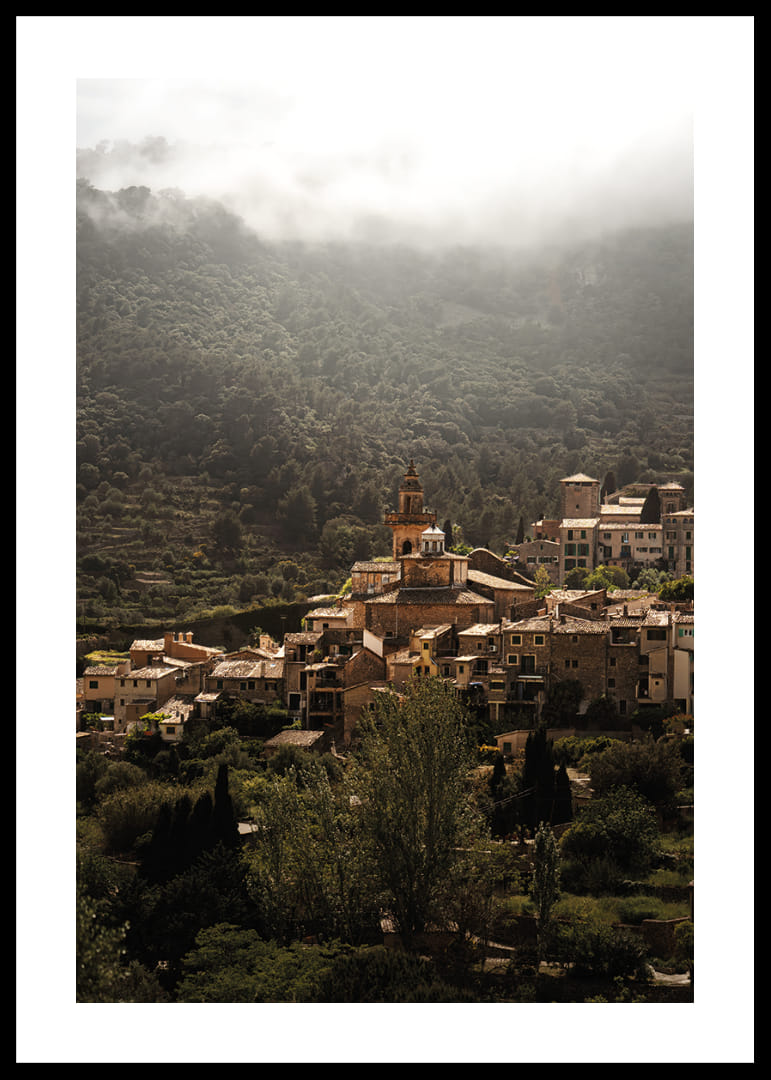 A village nestled in the silent embrace of the misty mountains.-12