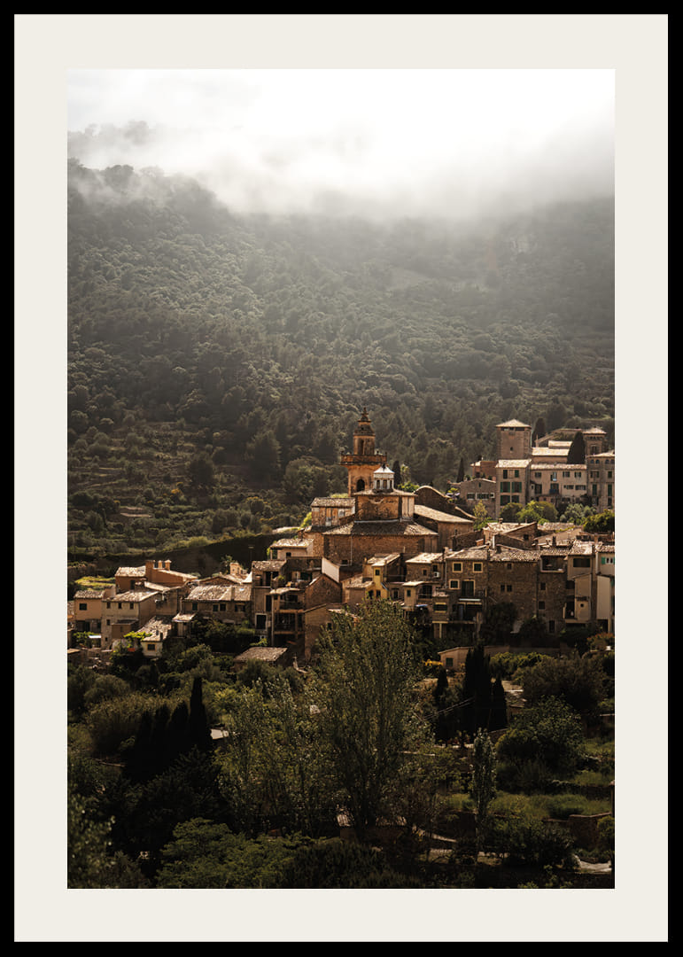A village nestled in the silent embrace of the misty mountains.-12