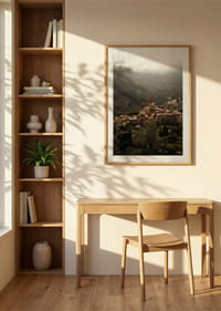 A village nestled in the silent embrace of the misty mountains.-8