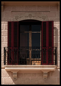 An elegant balcony with rustic red shutters.-6