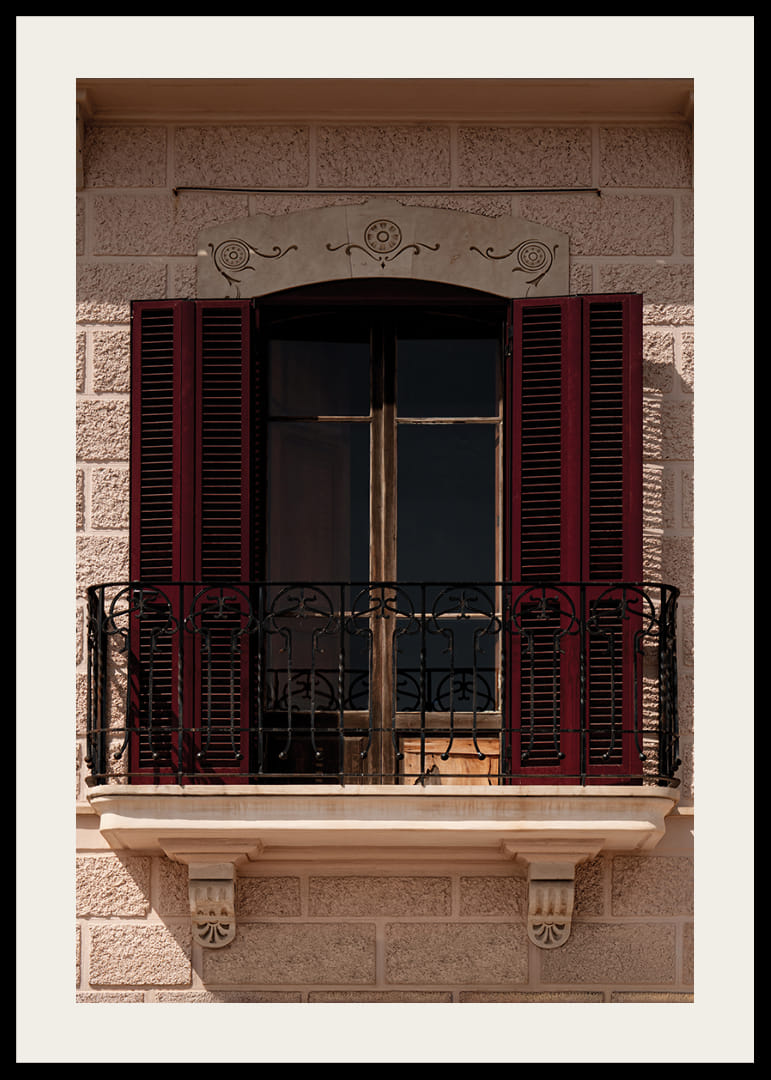 An elegant balcony with rustic red shutters.-12