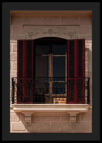 An elegant balcony with rustic red shutters.-4