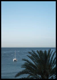 A sailboat on the horizon on a calm sea with a palm tree in the foreground.-6