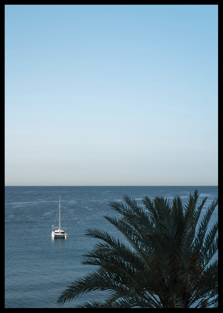 A sailboat on the horizon on a calm sea with a palm tree in the foreground.-12