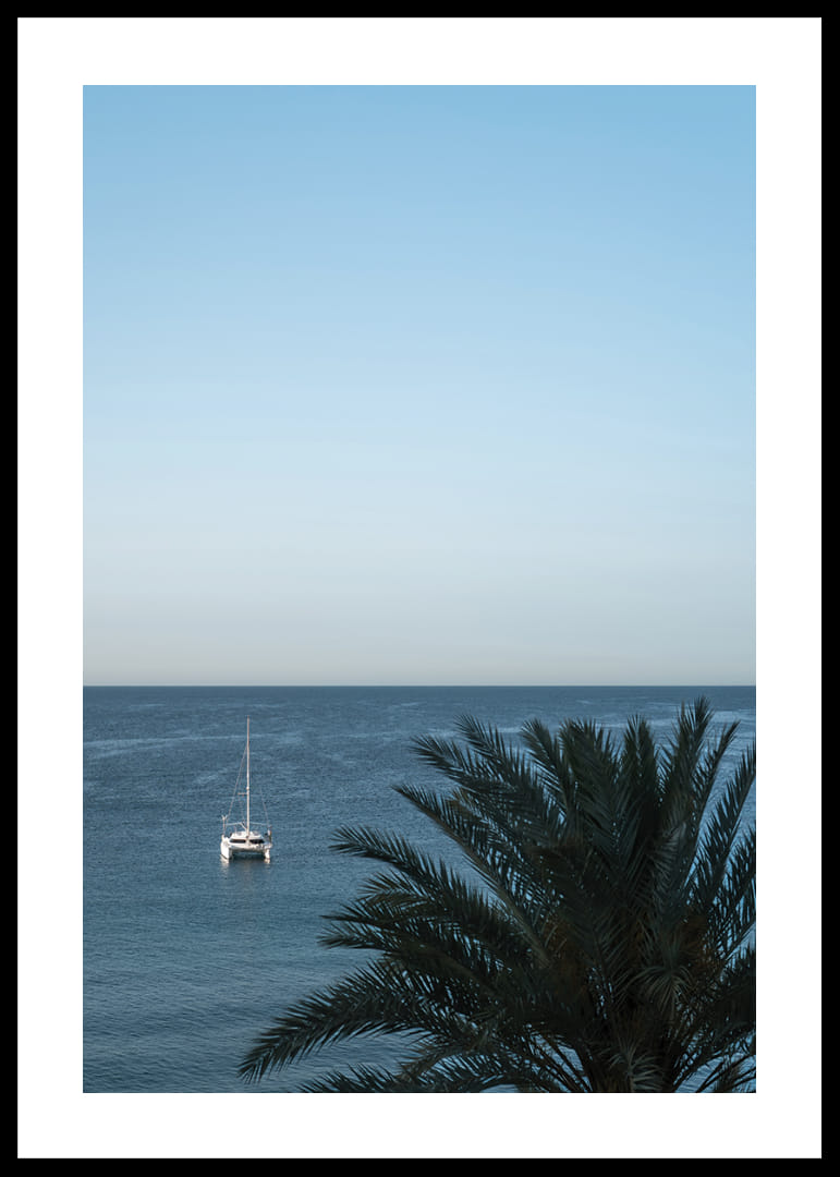 A sailboat on the horizon on a calm sea with a palm tree in the foreground.-12