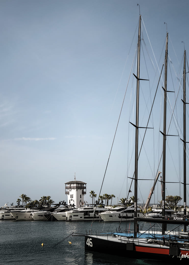 A quiet harbor with elegant masts against a clear sky.-12