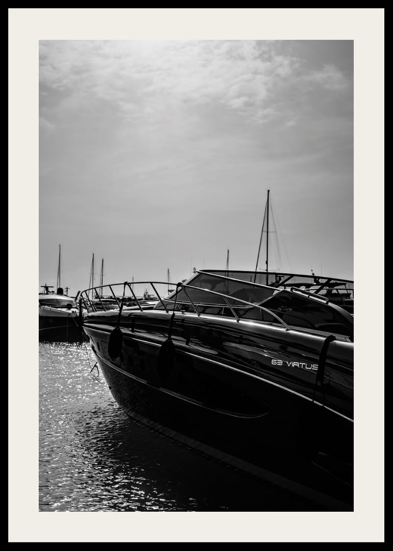 Silhouettes of boats in a calm water landscape.-12