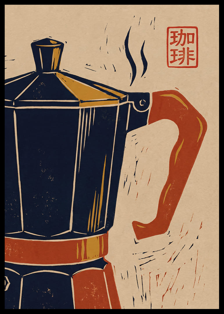 Charmerende plakat med en retro kaffekande og et asiatisk præg.-12