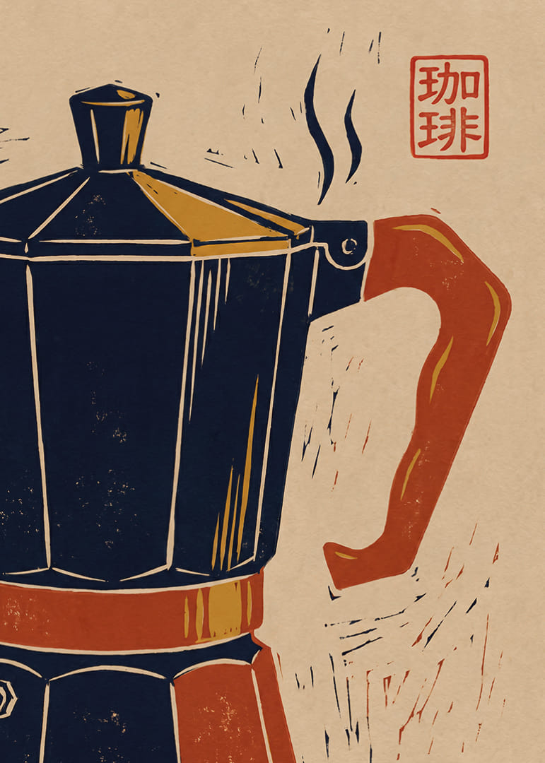 Charmerende plakat med en retro kaffekande og et asiatisk præg.-12