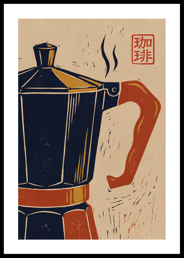 Charmerende plakat med en retro kaffekande og et asiatisk præg.-12