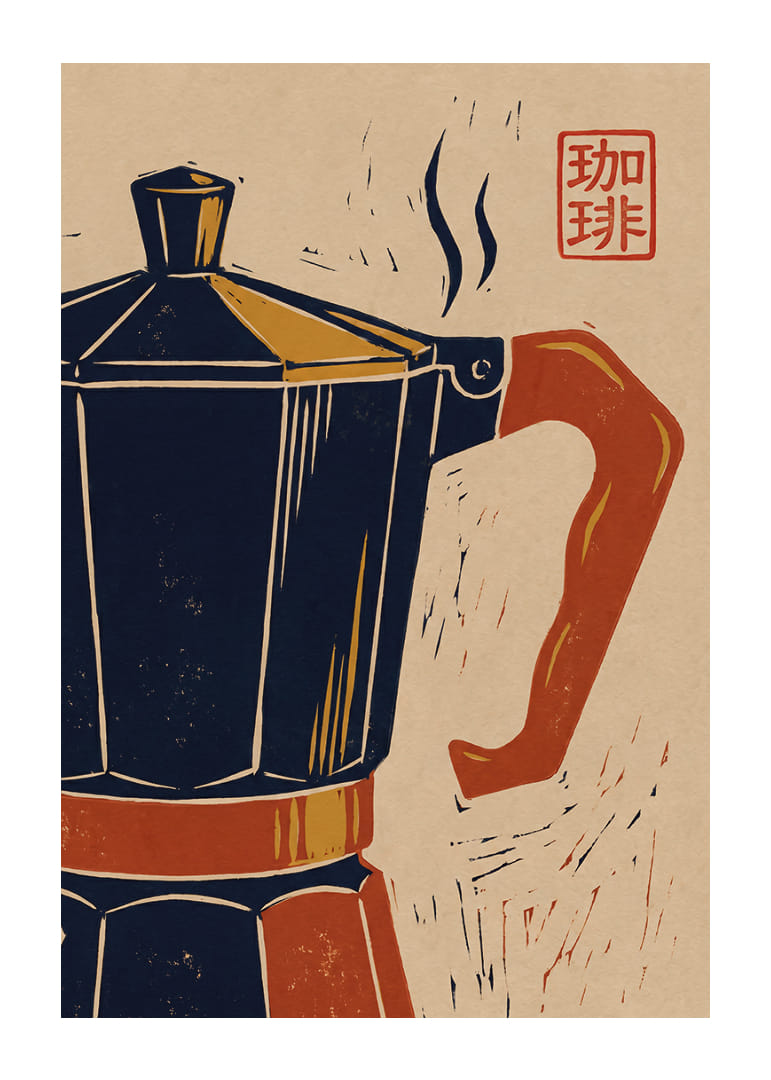 Charmerende plakat med en retro kaffekande og et asiatisk præg.-12