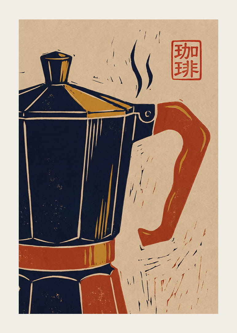 Charmerende plakat med en retro kaffekande og et asiatisk præg.-12