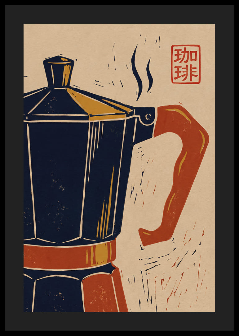Charmerende plakat med en retro kaffekande og et asiatisk præg.-12