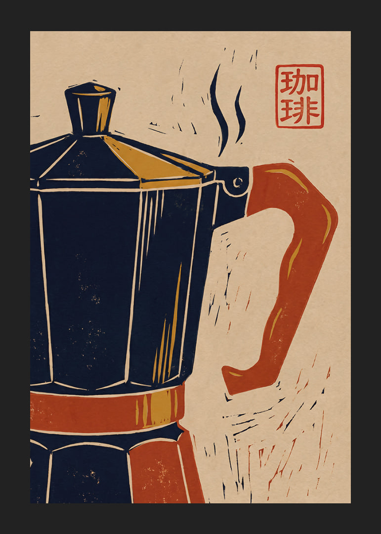 Charming poster with a retro coffee pot and Asian touch.-12
