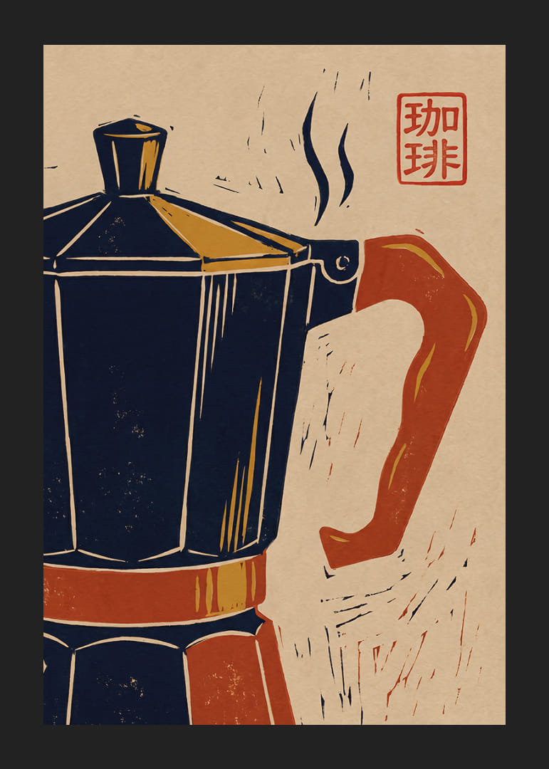 Charmerende plakat med en retro kaffekande og et asiatisk præg.-12