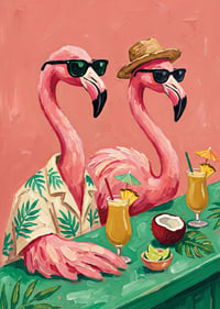 Två flamingos i avslappnad semestermiljö.-7
